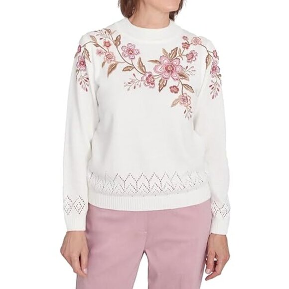 Alfred Dunner Telluride Floral Embroidered White Chenille Sweater Size Medium - Picture 11 of 11